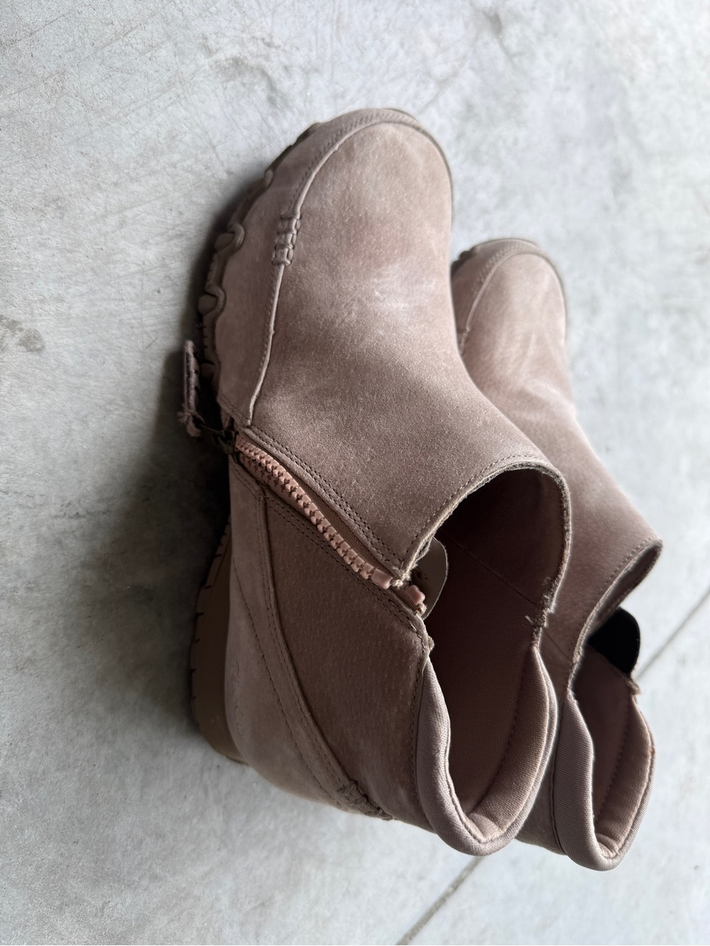 Skechers Women's Taupe Suede Ankle Booties with Side Zip relaxed fit memory foam